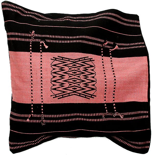 Pink and Black Hand-woven Cushion Cover from Nagaland with Tribal Motifs