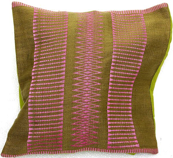 Green and Pink Hand-woven Cushion Cover from Nagaland with Tribal Motifs