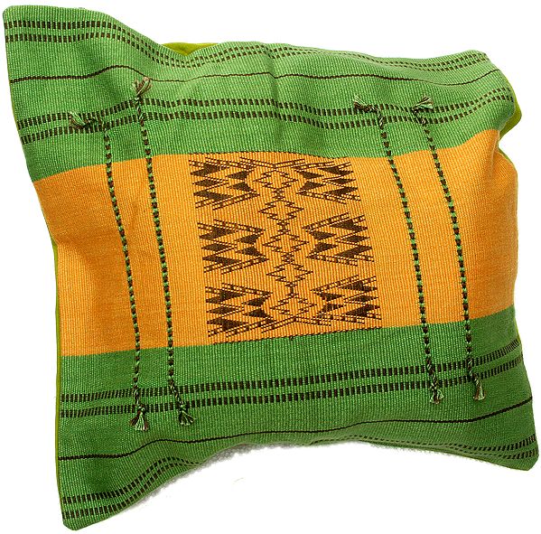 Green and Mustard Hand-woven Cushion Cover from Nagaland with Tribal Motifs