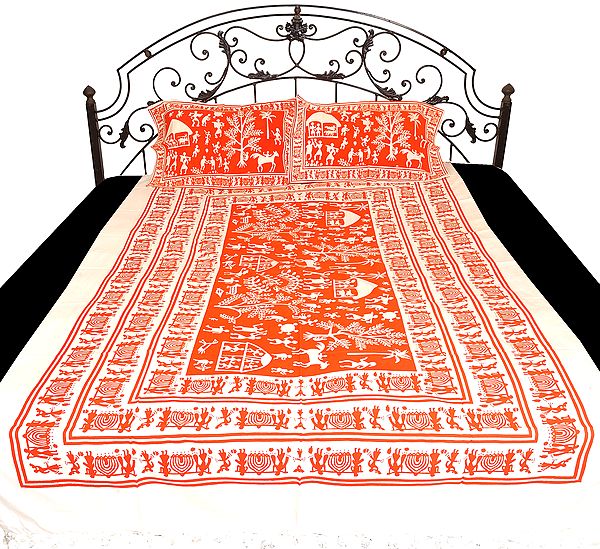 Orange and White Single-Bed Bedspread with Printed Figures Inspired by Warli Art