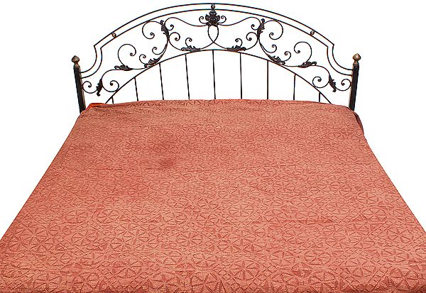 Chutney-Brown Stonewashed Bedspread with Floral Applique Work All-Over