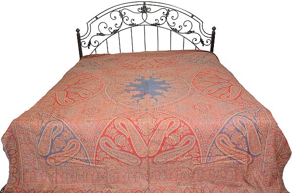 Red and Blue Reversible Jamawar Bedspread from Amritsar with Woven Paisleys