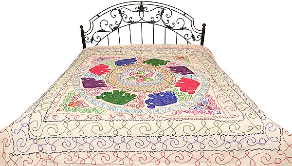 Gujarati Bedspread with Applique Elephants and Embroidered Sequins