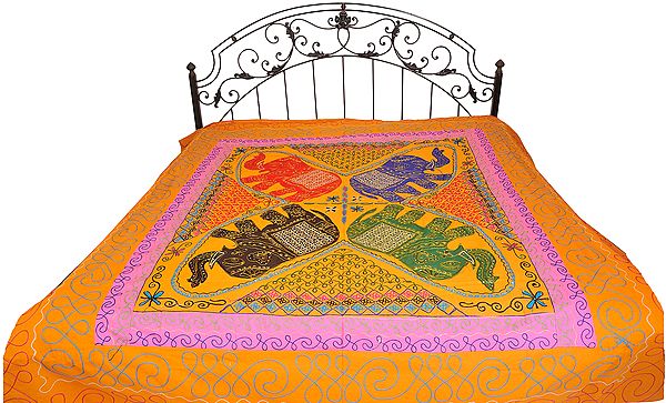 Gujarati Bedspread with Applique Elephants, Sequins and All-Over Embroidery