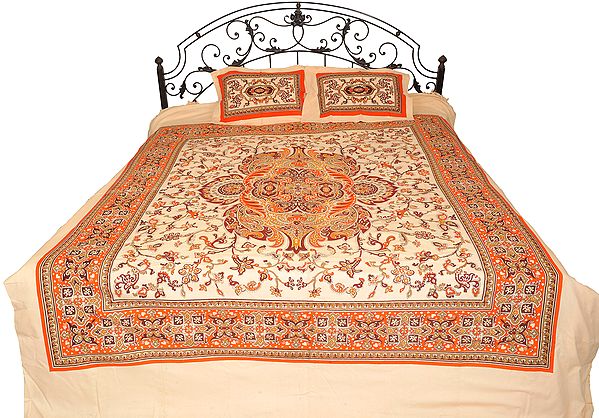 Cream and Orange Floral Printed Bedspread from Pilkhuwa