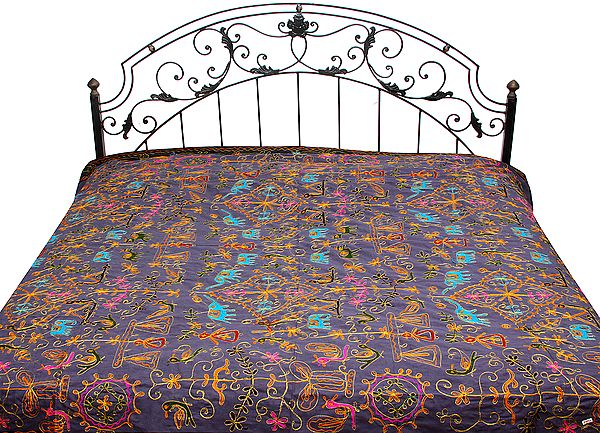 Gray Gujarati Bedspread with Metallic Thread Embroidery All-Over