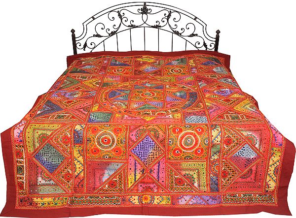 Multicolor Mandala Bedcover from Kutch with Embroidered Patches and Mirrors