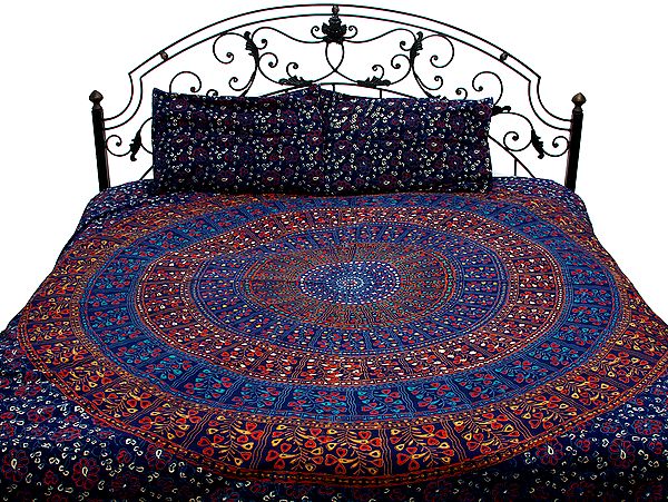 Navy Blue Bedspread From Pilkhuwa with Printed Floral Mandala