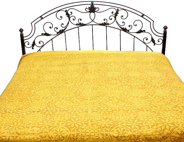 Yellow Stonewashed Bedspread with Floral Applique Work