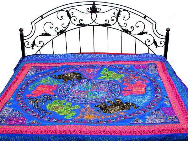 Clematis-Blue Gujarati Bedspread with Appliqué Elephants and All-Over Embroidery