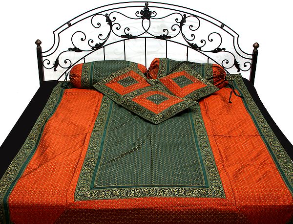 Dark-Green and Rust Six-Piece Single-Bed Banarasi Bedcover with Tanchoi Weave