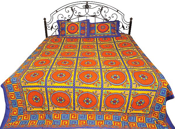 Sanganeri Kantha Stitched Bedcover with Printed Mandalas