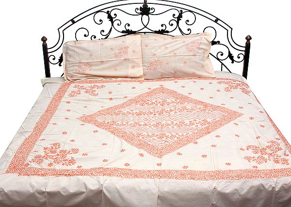 Peach Chikan Hand-Embroidered Bedspread from Lucknow