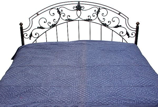 Night-Shadow Blue Stonewashed Bedspread with Floral Applique Work