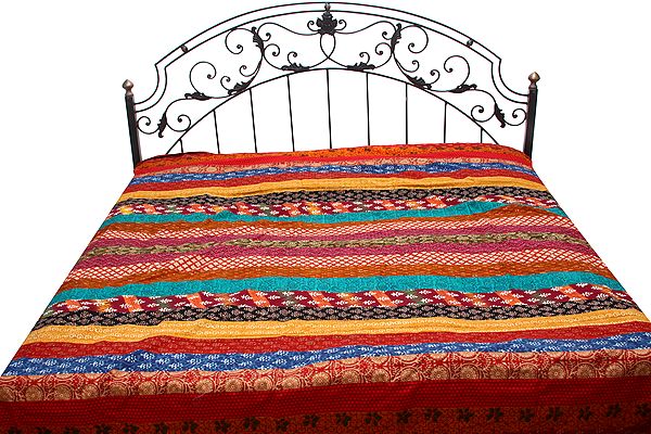 Multi-Color Patchwork Bedspread from Gujarat with Printed Flowers All-Over