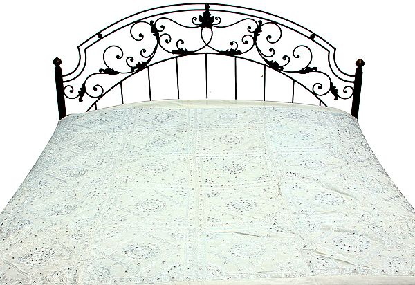 Winter-White Bedspread From Kutch with Embroidered Mirrors All-Over