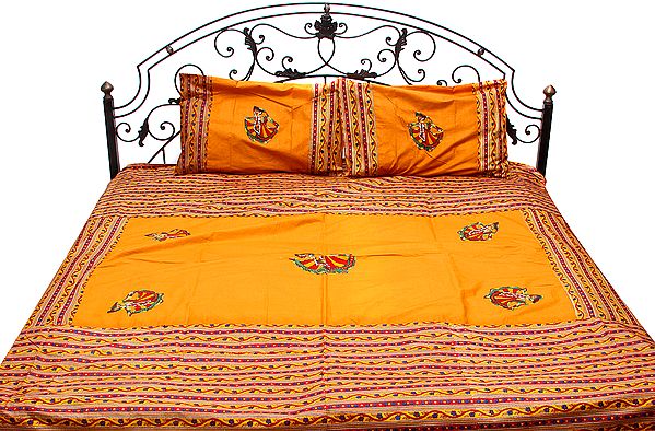 Amber-Yellow Gujarati Bedspread with Embroidered Dancing Ladies