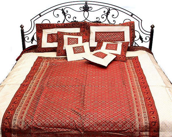 Ivory and Red Seven-Piece Banarasi Bedcover with Tanchoi Weave