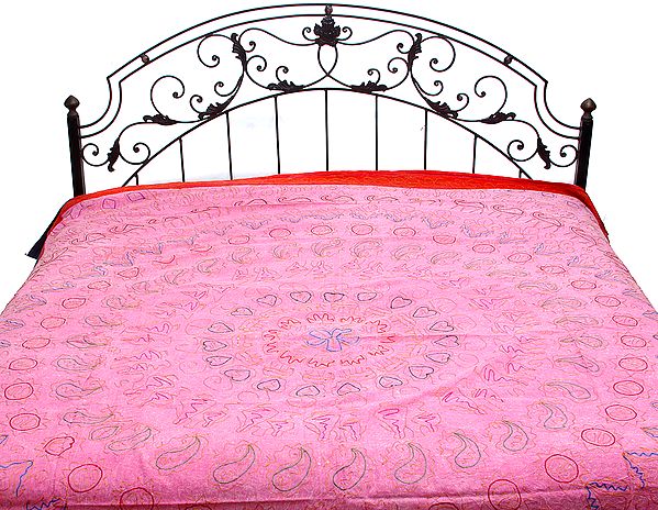 Morning-Glory Pink Stonewashed Bedspread with Ari Embroidery All-Over in Golden Thread