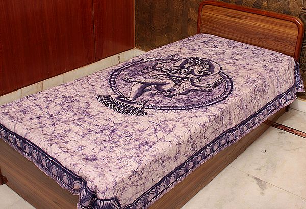 Blue Batik Single-Bed Bedspread with Dancing Lord Ganesha