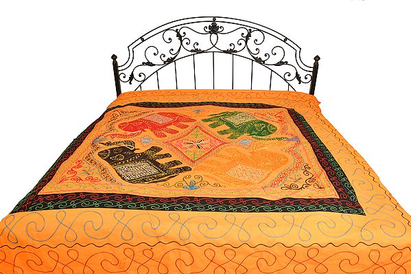 Embroidered Gujarati Bedspread with Applique Elephants and Sequins