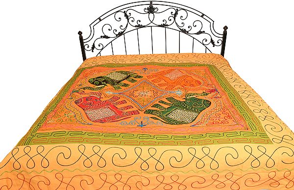 Embroidered Gujarati Bedspread with Applique Elephants and Sequins