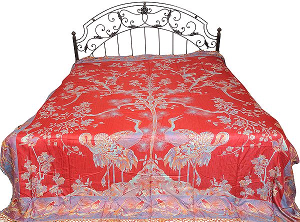 Pure Silk Jamawar Bedspread with Woven Birds and Trees of Life