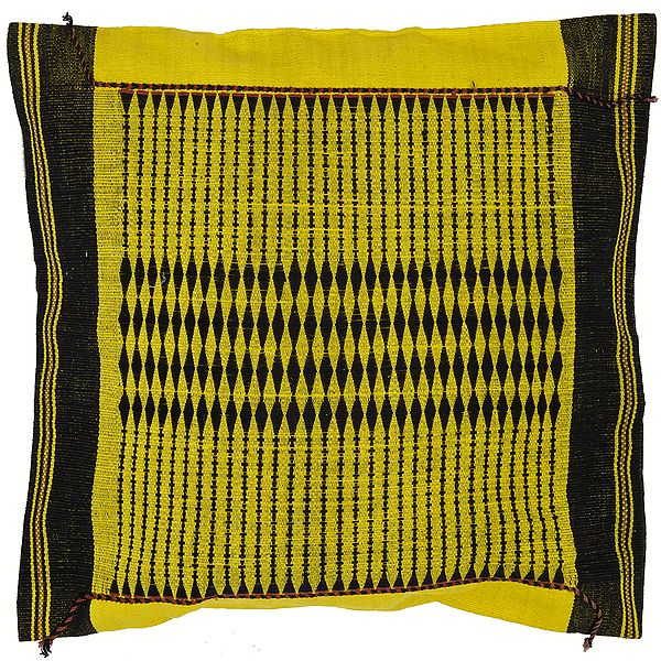 Yellow Hand-woven Cushion Cover from Nagaland with Tribal Motifs