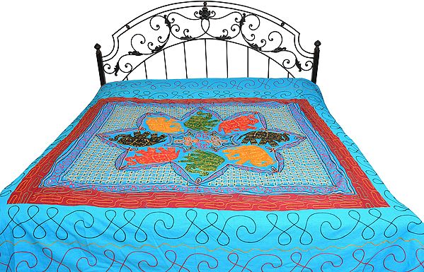 Embroidered Gujarati Bedspread with Appliqué Elephants and Sequins