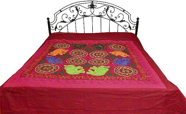 Biking-Red Gujarati Elephant Bedspread with Emrboidery and Sequins