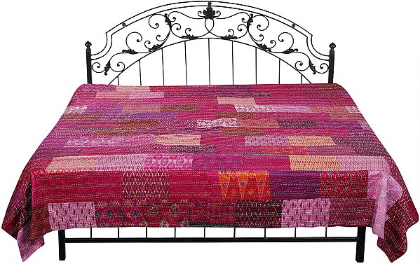 Festival-Fuchsia Bedspread from Gujarat with Printed Floral Patch Work and Kantha-Stitch