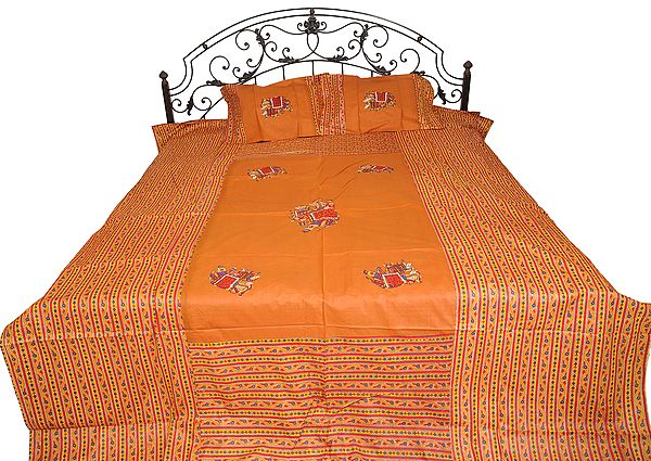 Caramel-Brown Printed Bedspread from Gujarat with Applique Embroidered Elephants