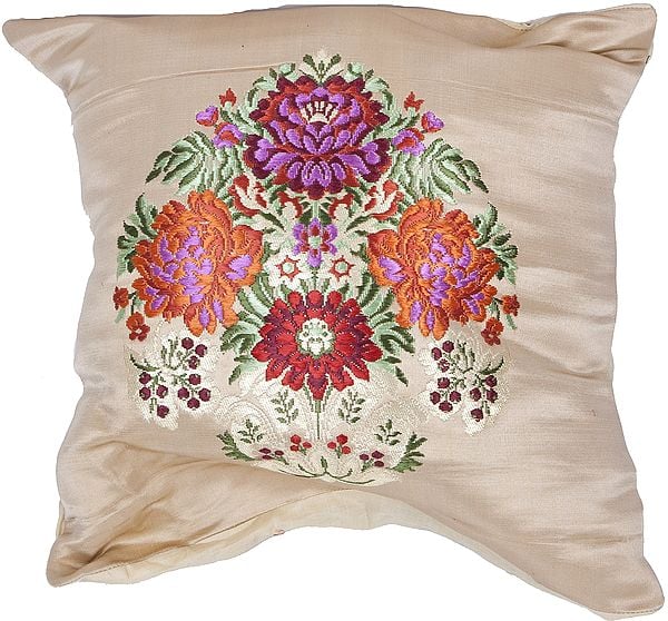 Cream Banarasi Cushion Cover with Hand-woven Flower Vase