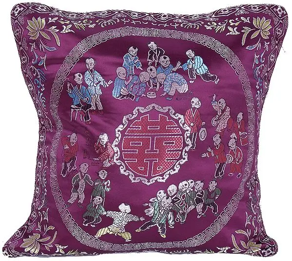 Brocaded Cushion Cover from Sikkim with Chinese Auspicious Good Luck Symbols