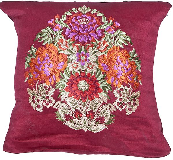 Maroon Banarasi Cushion Cover with Hand-woven Flower Vase