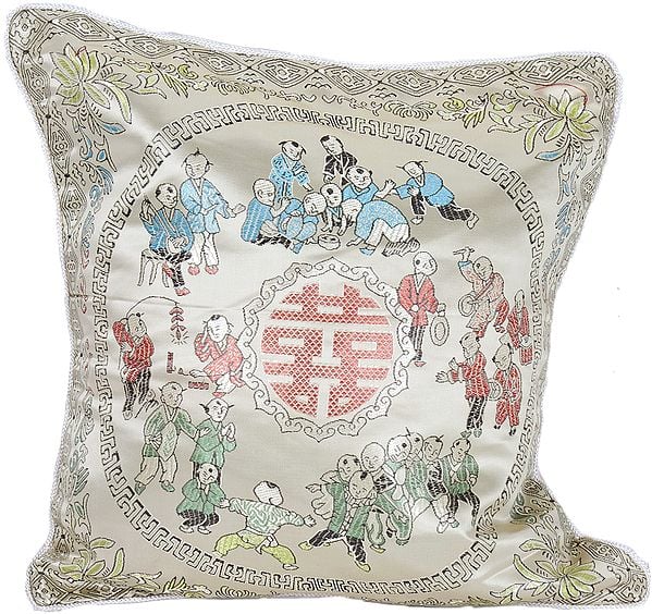 Cream Cushion Cover from Sikkim with Chinese Auspicious Good Luck Symbols
