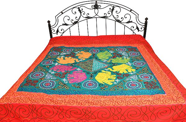 Gujarati Bedspread with Embroidery and Applique Elephants