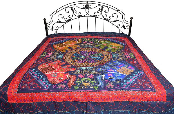 Indigo-Blue Gujarati Bedspread with Applique Elephants and All-Over Embroidery