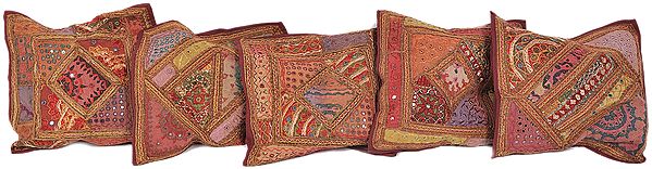Lot of Five Kutch Patch Cushion Cover with Embroidered Mirrors