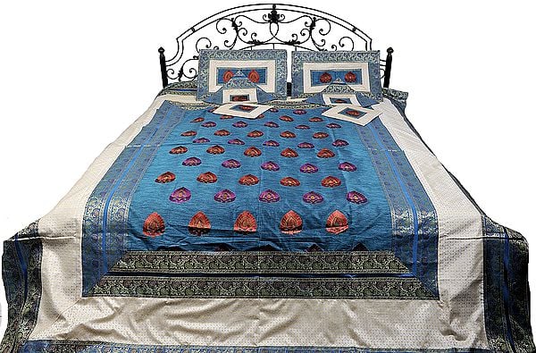 Swedish-Blue and Ivory Seven-Piece Banarasi Bedspread with Tanchoi Weave and Embroidered Bootis