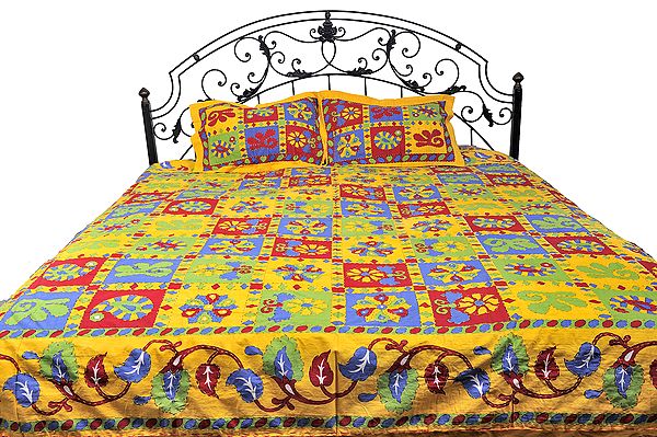 Freesia-Yellow Sanganeri Bedspread with Printed Flowers and Kantha Embroidery