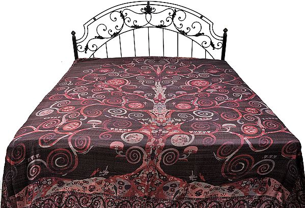 Pure Silk Jamawar Bedspread with Woven Tree of Life