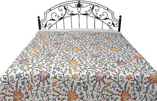 Bedspread from Kashmir with Ari-Embroidered Maple Leaves