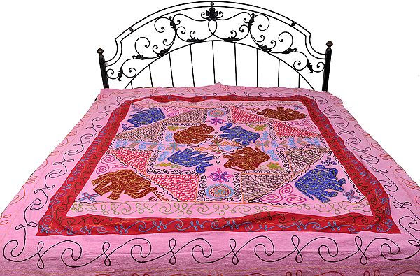 Gujarati Bedspread with Applique Elephants and All-Over Embroidery
