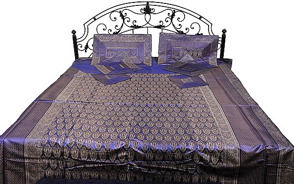Blue Iris Seven-Piece Banarasi Bedcover with Brocade Weave All-Over