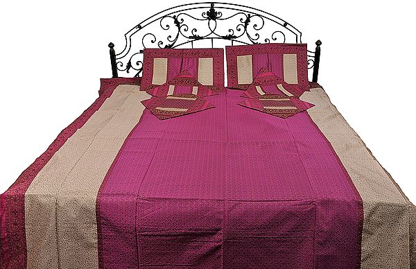 Hot-Pink and Ivory Seven-Piece Banarasi Bedspread with Tanchoi Weave and Brocaded Border