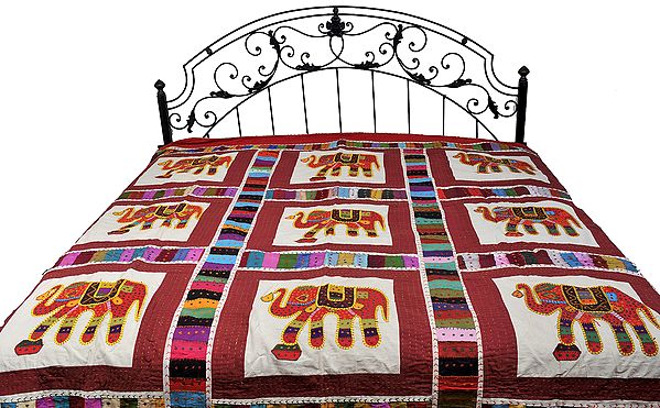 Red Kutch Embroidered Bedspread with Appliqué Elephants
