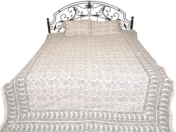 Pristine-White Bedspread from Jaipur with Floral Print