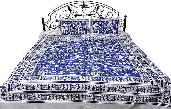 Bedspread with Hand Printed Folk Figures Inspired by Warli Art