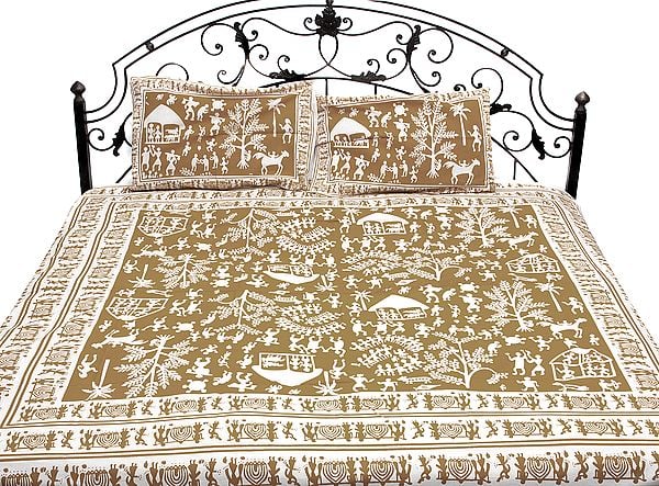 Bedspread with Hand Printed Folk Figures Inspired By Warli Art